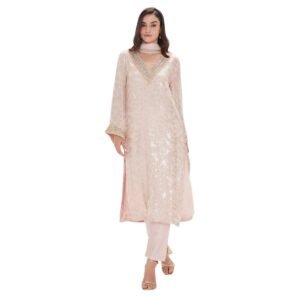 Women's Blush Pink Sequin Kurta Set with Straight Pants - 3 Piece Suit
