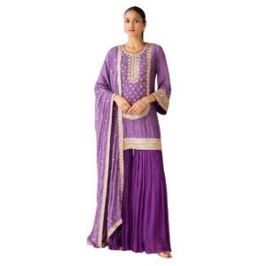 Women's Purple Gold Embroidered Kurti Sharara Set – 3 Piece Ethnic Wear