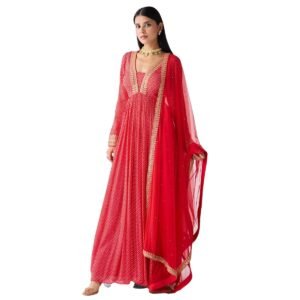 Women's Red Embroidered Anarkali Gown with Dupatta - Ethnic Party Wear